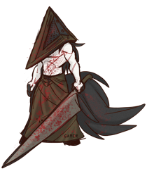 Size: 1000x1192 | Tagged: safe, artist:thegamercolt, imported from derpibooru, oc, oc:thegamercolt, anthro, earth pony, big tail, clothes, costume, fake blood, fingers, giant knif, halloween, halloween costume, konami, mane, pyramid head, silent hill, solo, tail