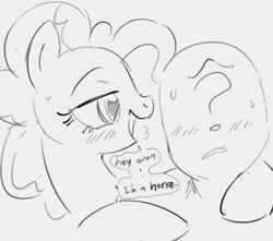 Size: 664x588 | Tagged: safe, artist:dotkwa, imported from derpibooru, pinkie pie, oc, oc:anon, earth pony, human, pony, bedroom eyes, blushing, bust, dialogue, female, gray background, grayscale, male, mare, monochrome, open mouth, open smile, pinkie being pinkie, simple background, smiling, speech bubble, sweat