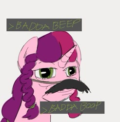 Size: 349x355 | Tagged: safe, artist:dotkwa, imported from derpibooru, oc, oc only, oc:marker pony, pony, unicorn, 4chan, bust, fake moustache, female, gray background, greentext, mare, simple background, solo, text