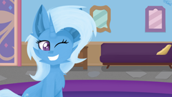 Size: 2560x1440 | Tagged: safe, artist:toxinagraphica, imported from derpibooru, trixie, pony, unicorn, cheek fluff, chest fluff, couch, cute, cutie mark, diatrixes, door, dresser, ear fluff, eyelashes, female, fluffy, grin, horn, lineless, mare, mirror, one eye closed, pillow, purple eyes, rug, smiling, solo, wide smile, wink