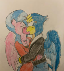 Size: 900x994 | Tagged: safe, artist:rotgriff, imported from derpibooru, gallus, silverstream, anthro, classical hippogriff, griffon, hippogriff, female, gallstream, kissing, male, shipping, straight, traditional art