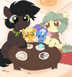 Size: 1239x1314 | Tagged: safe, artist:mushy, imported from derpibooru, applejack, trixie, oc, oc:pea, pony, applejack plushie, clothes, cookie, cute, female, filly, food, male, mare, necktie, pie, plushie, stallion, sweater, tea, tea party, trixie plushie