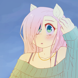Size: 2160x2160 | Tagged: safe, artist:melonmilk, derpibooru exclusive, imported from derpibooru, fluttershy, anthro, anime style, clothes, high res, sweater