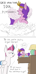 Size: 800x1611 | Tagged: safe, artist:rocket-lawnchair, imported from derpibooru, pipp petals, zipp storm, pegasus, pony, dialogue, dream, eyes closed, g5, lidded eyes, my little pony: a new generation, pipp is short, size difference, sleeping, smiling, surprised