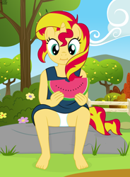 Size: 1936x2624 | Tagged: safe, artist:tolpain, imported from ponybooru, sunset shimmer, anthro, unicorn, barefoot, clothes, cute, dress, eating, feet, female, filly, food, outdoors, panties, panty shot, sundress, underwear, watermelon, younger