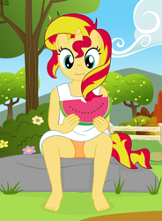 Size: 1936x2624 | Tagged: safe, artist:tolpain, imported from ponybooru, sunset shimmer, anthro, unicorn, barefoot, clothes, cute, dress, eating, feet, female, filly, food, outdoors, panties, panty shot, sundress, underwear, watermelon, younger