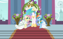 Size: 1058x646 | Tagged: safe, artist:rainbowmaned, artist:rapmlpandbttffan23, artist:rarity6195, artist:swiftgaiathebrony, imported from derpibooru, fluttershy, princess celestia, rainbow dash, canterlot, clothes, dress, female, flower, flutterdash, lesbian, lesbian dash, lesbian fluttershy, lesbian wedding, mare, shipping, wedding dress