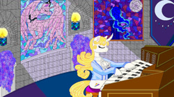 Size: 1197x668 | Tagged: safe, artist:mana minori, imported from derpibooru, princess luna, unicorn, blue, brick, candle, castle, clothes, crescent, curls, curly, g4, glass, guiding, hair, key, light, microsoft, mlpg4, moon, moonlight, musical instrument, my little pony, paintinh, piano, pipe organ, princess, soft, sonata, stained, suit, tapestry, white, windows