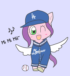 Size: 916x1000 | Tagged: safe, artist:foxy1219, imported from derpibooru, pipp petals, pegasus, pony, baseball, baseball cap, cap, clothes, female, g5, hat, looking at you, los angeles dodgers, mare, mi mi miii, mlb, music notes, one eye closed, open mouth, open smile, smiling, sofia carson, sports, spread wings, uniform, wings, wink