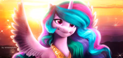 Size: 1280x599 | Tagged: safe, artist:xciax, imported from derpibooru, princess celestia, alicorn, pony, cute, cutelestia, female, g4 to g5, g5, mare, peytral, pinklestia, smiling, solo, spread wings, sunrise, wings, wings extended