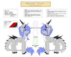 Size: 2500x2008 | Tagged: safe, artist:melodytheartpony, imported from derpibooru, oc, oc:melody silver, dracony, dragon, hybrid, pony, asexual, collar, egg, fangs, female, fluffy, high res, horns, implied oviposition, long hair, long mane, long tail, oviparity, ref, reference sheet, short hair, short mane, tail, webbed wings