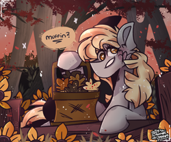 Size: 3000x2500 | Tagged: safe, artist:its_sunsetdraws, imported from derpibooru, derpy hooves, pegasus, pony, basket, cheek fluff, cross-eyed, digital art, fanart, fence, flower, food, forest, high res, leaves, looking at you, muffin, redraw, solo, sunflower, sunset, tree