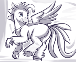 Size: 1905x1555 | Tagged: safe, artist:kam, imported from derpibooru, terramar, hippogriff, butt, claws, flying, jewelry, looking back, male, necklace, plot, stallion, tail, terrabutt, wings