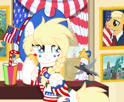 Size: 2300x1900 | Tagged: safe, artist:starspangledpony, imported from derpibooru, oc, oc:star spangle, pegasus, pony, american flag, american politics, comments locked down, donald trump, duckery in the comments, eyebrows, eyebrows visible through hair, female, g5, high res, hoof on cheek, mare, my little pony: a new generation, nation ponies, pegasus oc, politics, ponified, rest, smiling, smirk, starry eyes, united states, wingding eyes