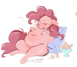 Size: 854x743 | Tagged: safe, artist:twisoft, imported from derpibooru, pinkie pie, earth pony, pony, belly, belly button, big belly, blushing, candy, cushion, drool, eyes closed, fat, female, food, hoof on belly, obese, open mouth, piggy pie, pudgy pie, reclining, signature, simple background, sleeping, solo, stuffed belly, white background