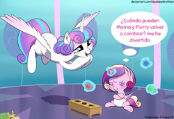 Size: 3669x2520 | Tagged: safe, artist:doublewbrothers, editor:enrique zx, imported from derpibooru, princess cadance, princess flurry heart, whammy, alicorn, pony, age progression, age regression, age swap, baby, baby cadance, baby pony, blocks, commission, diaper, duo, female, filly, filly cadance, flying, foal, high res, magic, mother and child, mother and daughter, older, older flurry heart, role reversal, spanish, spanish description, telekinesis, thought bubble, translation, translator:enrique zx, younger