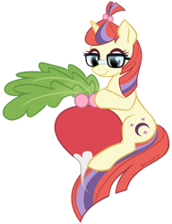 Size: 766x1000 | Tagged: safe, artist:rainspeak, imported from derpibooru, moondancer, pony, unicorn, female, glasses, hairstyling, herbivore, mare, radish, simple background, smiling, solo, transparent background, vegetables