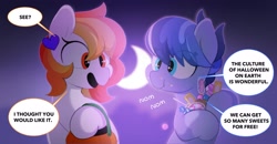 Size: 2800x1457 | Tagged: safe, artist:mochi_nation, imported from derpibooru, oc, oc only, oc:galaxy, earth pony, pony, candy, crescent moon, dialogue, duo, eating, eye clipping through hair, female, food, halloween, holiday, mare, moon, puffy cheeks, pumpkin bucket, speech bubble