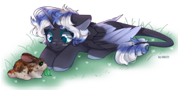 Size: 3000x1529 | Tagged: safe, artist:shelti, imported from derpibooru, oc, oc only, oc:esme fleur, alicorn, pony, rabbit, alicorn oc, animal, cloud, colored pupils, horn, leaf, lying down, pet, simple background, solo, transparent background, wings