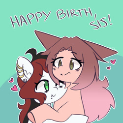 Size: 600x600 | Tagged: safe, artist:sinamuna, imported from derpibooru, oc, oc only, oc:blue spectrum, oc:cinnamon fawn, earth pony, pony, bags under eyes, black hair, brown hair, duo, duo female, female, friends, gift art, green eyes, happy birthday, hazel eyes, heart, hug, mare, one eye closed, piercing, pink hair, ponysona, pouting, puffy cheeks, red hair, signature, sketch, smiling, two toned mane, wink