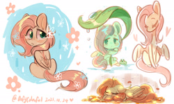 Size: 2042x1225 | Tagged: safe, artist:oofycolorful, imported from derpibooru, fluttershy, frog, pegasus, pony, crying, cute, eyes closed, falling leaves, female, flower, flower in hair, folded wings, heart, leaf, leaf umbrella, leaves, looking at you, looking back, looking back at you, lying down, mare, prone, sad, shyabetes, sitting, solo, spread wings, teary eyes, turned head, wings