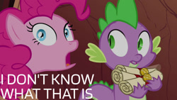 Size: 1280x720 | Tagged: safe, edit, edited screencap, editor:quoterific, imported from derpibooru, screencap, pinkie pie, spike, dragon, earth pony, pony, pinkie apple pie, season 4, female, male, mare, open mouth