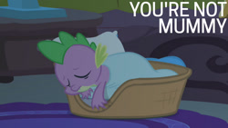 Size: 1280x720 | Tagged: safe, edit, edited screencap, editor:quoterific, imported from derpibooru, screencap, spike, dragon, season 1, winter wrap up, blanket, eyes closed, golden oaks library, male, pillow, sleeping, solo