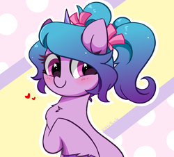 Size: 5032x4547 | Tagged: safe, artist:kittyrosie, imported from derpibooru, izzy moonbow, pony, unicorn, abstract background, absurd resolution, alternate hairstyle, blushing, chest fluff, cute, female, fluffy, g5, happy, heart, izzybetes, looking at you, mare, my little pony: a new generation, ponytail, simple background, smiling, smiling at you, solo, starry eyes, unshorn fetlocks, wingding eyes