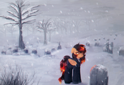 Size: 2000x1373 | Tagged: safe, artist:menalia, imported from derpibooru, oc, oc only, oc:shiny flames, fire pony, pegasus, pony, branches, chromatic aberration, clothes, female, gloves, gravestone, graveyard, mare, pants, sad, shoes, snow, snowfall, suit, tree, tree branch, wings, winter