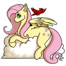 Size: 600x600 | Tagged: safe, artist:sursiq, imported from derpibooru, fluttershy, bird, pegasus, pony, blushing, cloud, female, looking at you, lying down, lying on a cloud, mare, on a cloud, shading, shadow, simple background, solo, transparent background