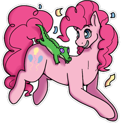 Size: 600x600 | Tagged: safe, artist:sursiq, imported from derpibooru, gummy, pinkie pie, alligator, earth pony, pony, reptile, confetti, female, mare, shading, simple background, smiling, solo, starry eyes, transparent background, wingding eyes