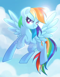 Size: 1280x1654 | Tagged: safe, artist:drawntildawn, imported from derpibooru, rainbow dash, pegasus, pony, cloud, female, flying, mare, multicolored hair, multicolored mane, multicolored tail, rainbow hair, rainbow tail, sky, smiling, solo, spread wings, sun, tail, watermark, wings