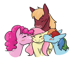 Size: 882x760 | Tagged: safe, artist:moonstruck-badger, edit, imported from derpibooru, big macintosh, fluttershy, pinkie pie, rainbow dash, earth pony, pegasus, pony, bisexual, bisexual female, blushing, cheek kiss, cropped, cute, eyes closed, female, floppy ears, flutterdash, fluttermac, fluttermacpiedash, flutterpie, fluttershy gets all the mares, kiss on the head, kiss sandwich, kissing, lesbian, lesbian in front of boys, male, mare, polyamory, shipping, shyabetes, simple background, stallion, straight, white background