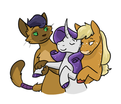 Size: 882x760 | Tagged: safe, artist:moonstruck-badger, edit, imported from derpibooru, applejack, capper dapperpaws, rarity, abyssinian, earth pony, pony, unicorn, bisexual, capperarijack, capperity, chest fluff, cloven hooves, colored hooves, cropped, curved horn, eyes closed, female, horn, lesbian, lesbian in front of boys, male, mare, polyamory, rarijack, shipping, simple background, smiling, straight, unshorn fetlocks, white background