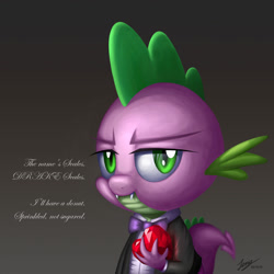 Size: 1280x1280 | Tagged: safe, artist:duskie-06, imported from derpibooru, spike, dragon, bowtie, clothes, fire ruby, gem, ruby, solo, suit