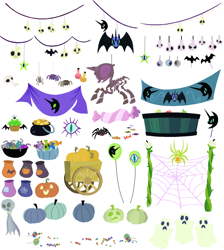 Size: 1446x1614 | Tagged: safe, artist:selenaede, imported from derpibooru, ghost, skeleton pony, spider, undead, balloon, bedsheet ghost, bone, decoration, eyeball, halloween, holiday, jack-o-lantern, nightmare night, pumpkin, simple background, skeleton, transparent background, vector