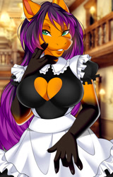 Size: 817x1280 | Tagged: safe, artist:butterfliess, imported from derpibooru, oc, oc only, oc:trigger treat, anthro, earth pony, bedroom eyes, breasts, clothes, commission, digital art, female, looking at you, maid, solo, tail, thighs