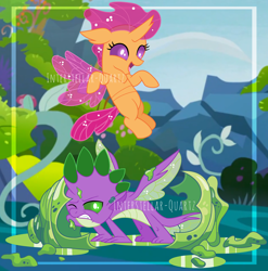 Size: 2984x3024 | Tagged: safe, artist:interstellar-quartz, imported from derpibooru, scootaloo, spike, changedling, changeling, changedlingified, changelingified, cocoon, dragonling, high res, obtrusive watermark, species swap, watermark