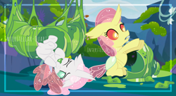 Size: 3600x1960 | Tagged: safe, artist:interstellar-quartz, imported from derpibooru, apple bloom, sweetie belle, changedling, changeling, changedlingified, changelingified, cocoon, obtrusive watermark, one eye closed, species swap, watermark