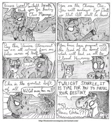 Size: 1208x1316 | Tagged: safe, artist:horselover fat, imported from derpibooru, princess celestia, princess luna, twilight sparkle, alicorn, dragon, pony, unicorn, comic:childhood's end, comic, dialogue, monochrome, speech bubble, traditional art, unicorn twilight