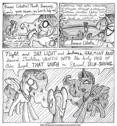 Size: 1232x1324 | Tagged: safe, artist:horselover fat, imported from derpibooru, princess celestia, princess luna, twilight sparkle, alicorn, dragon, pony, unicorn, comic:childhood's end, comic, dialogue, finnish, french, kabbalah, monochrome, sanskrit, speech bubble, traditional art, unicorn twilight