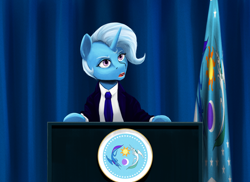 Size: 3658x2658 | Tagged: safe, artist:tofuslied-, imported from derpibooru, trixie, pony, unicorn, clothes, equestrian flag, flag, high res, richard nixon, suit