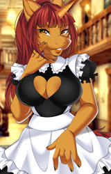 Size: 817x1280 | Tagged: safe, alternate version, artist:butterfliess, imported from derpibooru, oc, oc only, oc:rivet pop, anthro, unicorn, alternate character, breasts, clothes, commission, digital art, horn, looking at you, maid