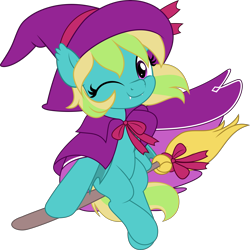 Size: 5005x5000 | Tagged: safe, artist:jhayarr23, imported from derpibooru, oc, oc only, oc:lutecia, bat pony, pony, bat pony oc, broom, cape, clothes, commission, costume, female, flying, flying broomstick, halloween, hat, holiday, looking at you, mare, one eye closed, simple background, solo, transparent background, witch costume, witch hat, ych result