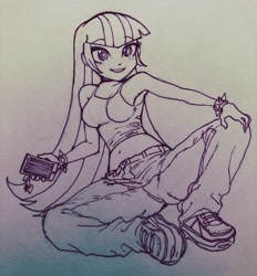 Size: 1536x1658 | Tagged: safe, artist:nairdags, imported from derpibooru, sonata dusk, equestria girls, belly button, cellphone, cute, female, midriff, monochrome, phone, shoes, smartphone, sneakers, solo, sonatabetes, traditional art