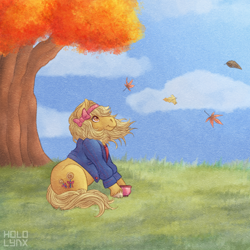 Size: 800x800 | Tagged: safe, artist:hololynx, imported from derpibooru, butterscotch (g3), earth pony, pony, autumn, cloud, cup, female, g3, leaves, solo, teacup, tree