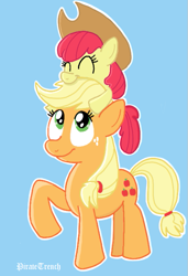 Size: 491x716 | Tagged: safe, artist:piratetwench, imported from derpibooru, apple bloom, applejack, earth pony, pony, apple bloom riding applejack, female, filly, mare, siblings, sisters