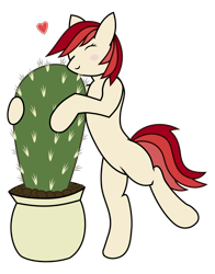 Size: 2200x2800 | Tagged: safe, artist:sovietpony, imported from derpibooru, oc, oc only, oc:sovietpony, earth pony, pony, bipedal, bipedal leaning, cactus, cute, earth pony oc, eyes closed, heart, high res, hug, leaning, potted plant, simple background, solo, standing, standing on one leg, this will end in pain, transparent background