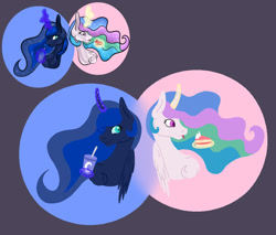 Size: 1280x1088 | Tagged: safe, artist:lilsoftlamb, imported from derpibooru, princess celestia, princess luna, pony, cake, food, magic