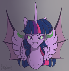 Size: 1115x1153 | Tagged: safe, artist:lilsoftlamb, imported from derpibooru, twilight sparkle, alicorn, bat pony, bat pony alicorn, pony, bat wings, bust, corrupted, corrupted twilight sparkle, curved horn, dark magic, horn, hybrid wings, magic, portrait, solo, sombra eyes, twilight sparkle (alicorn), wings